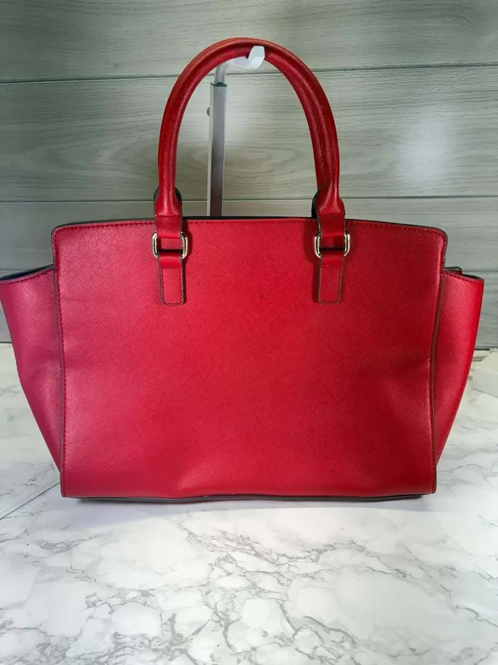 New York & Company Red Saffiano Faux Leather Structured Satchel Bag